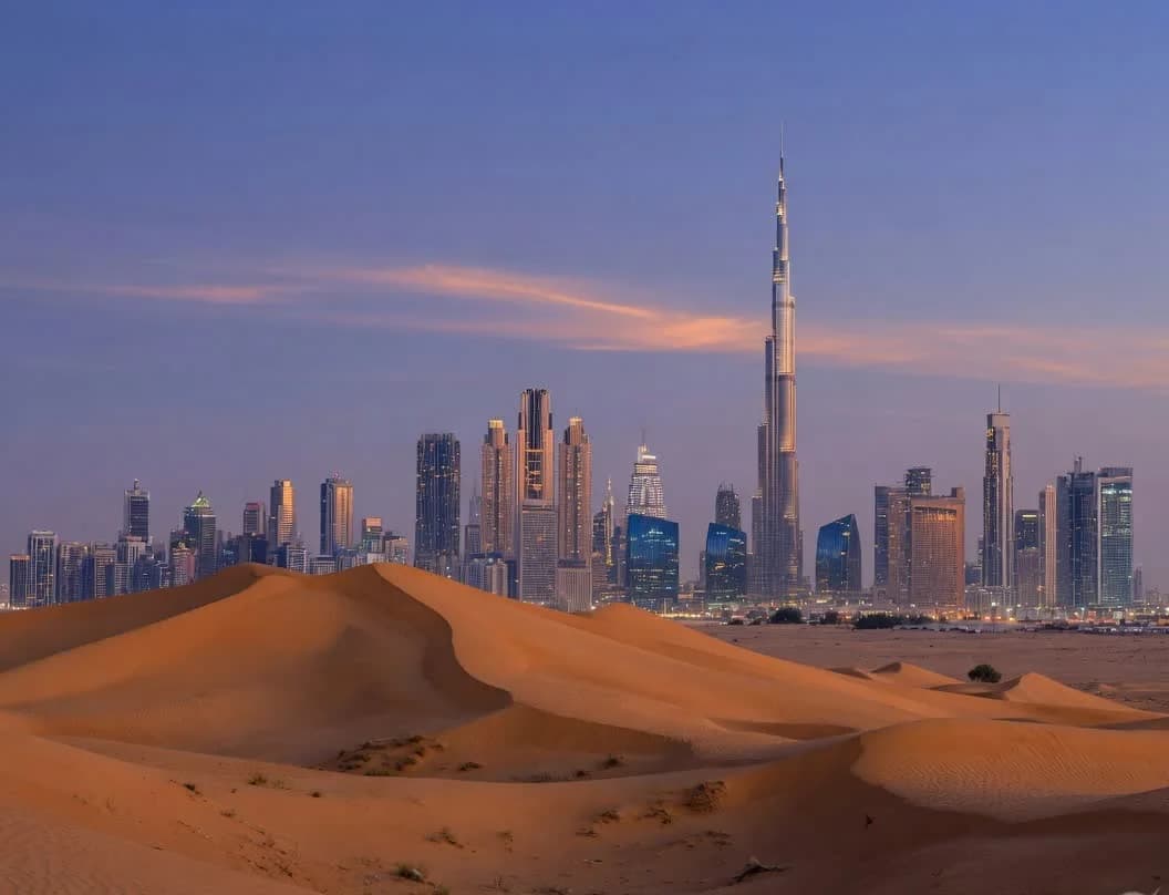Dubai skyline at dusk seen across warm desert dunes