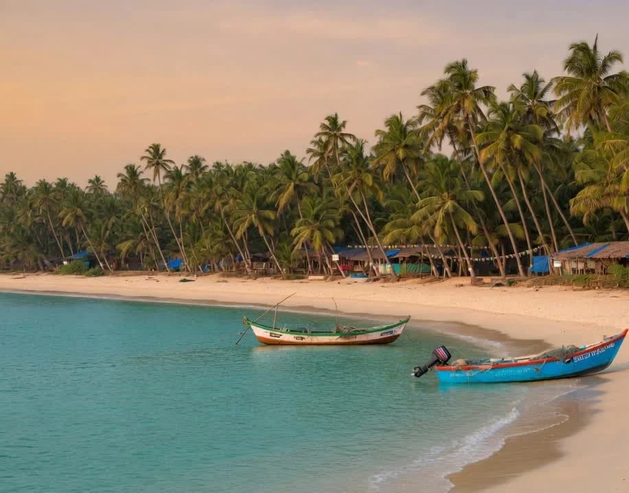 Fishing boats on a pale crescent beach in Goa, lined with coconut palms