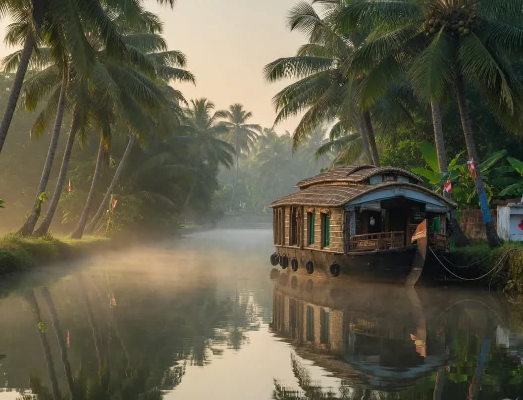 Traditional Kerala houseboat moored on a misty Alleppey canal at dawn