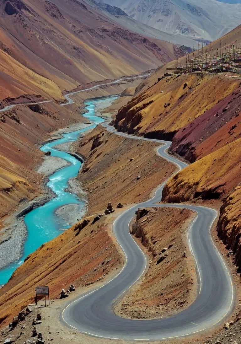A winding high-altitude road through ochre Ladakh mountains beside a turquoise river
