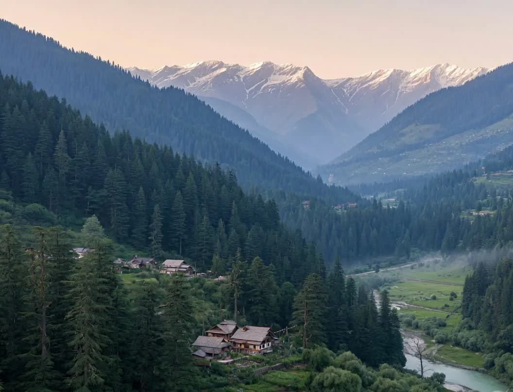 Alpine valley above Manali with cedar forests, wooden rooftops, and snow peaks