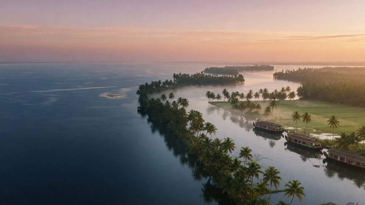 Dawn over the Kerala backwaters, coconut groves and houseboats in first light