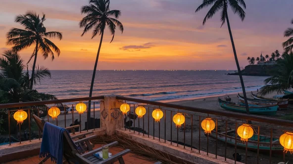 Dusk from a Goa villa terrace with lanterns, palms, and the Arabian Sea
