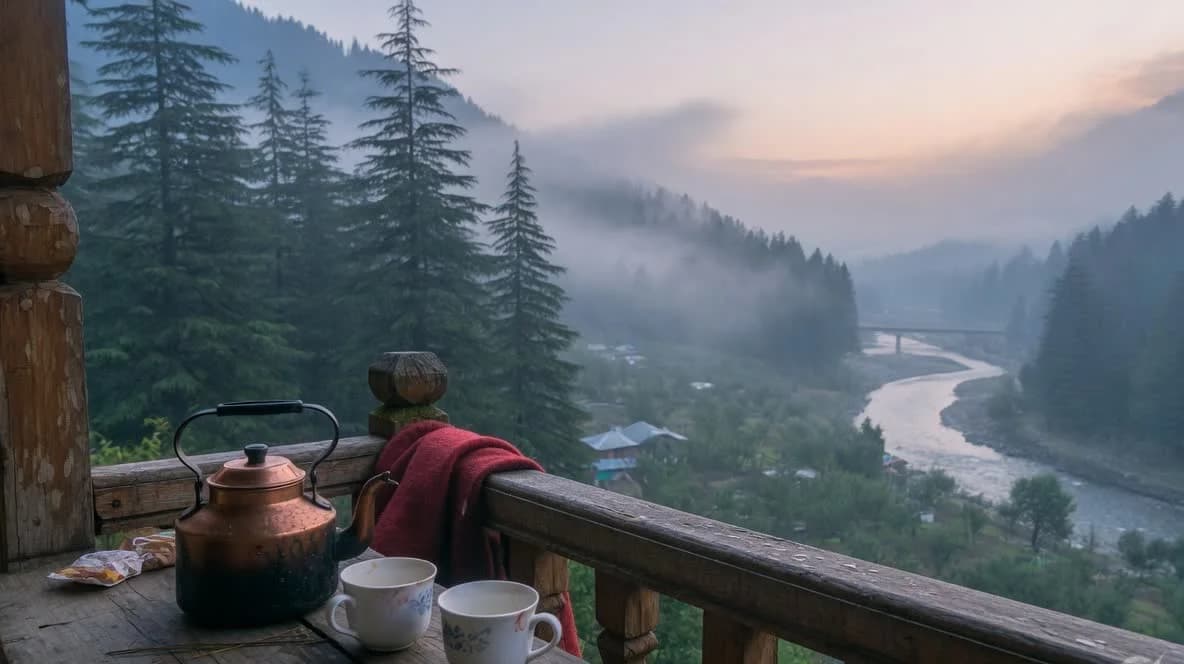 Wooden balcony in Manali with a copper kettle looking over a misty cedar valley