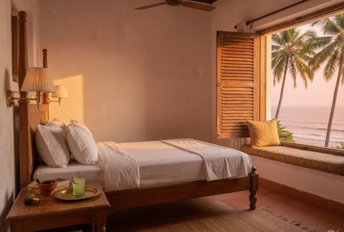 Goa boutique hotel bedroom with teak furniture and an open window onto the Arabian Sea