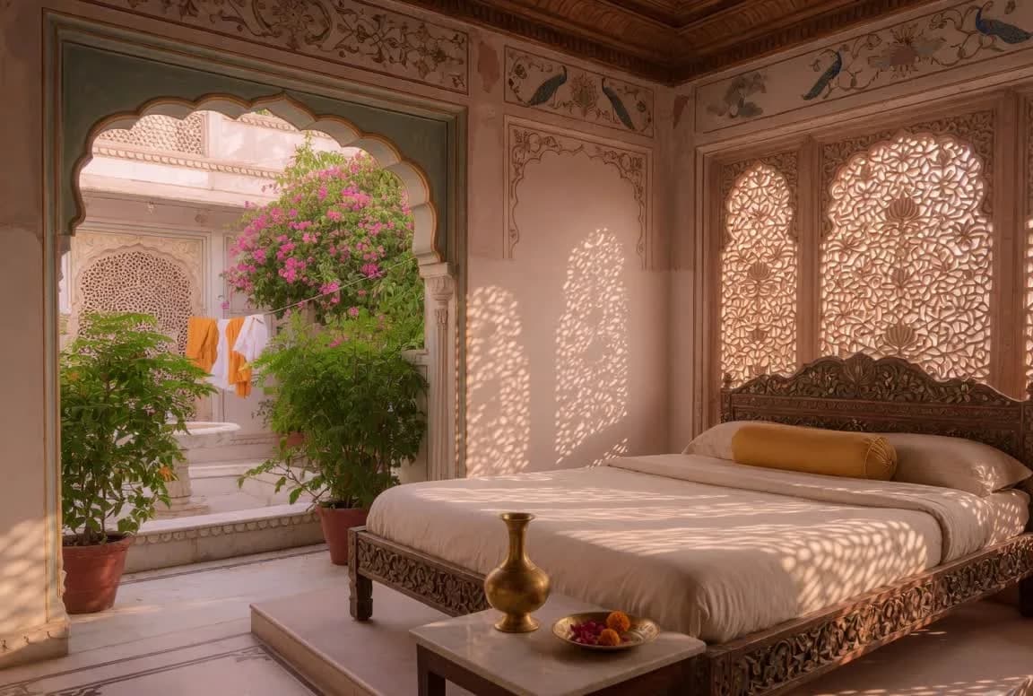 Restored Jaipur haveli bedroom with carved teak bed and patterned jali light