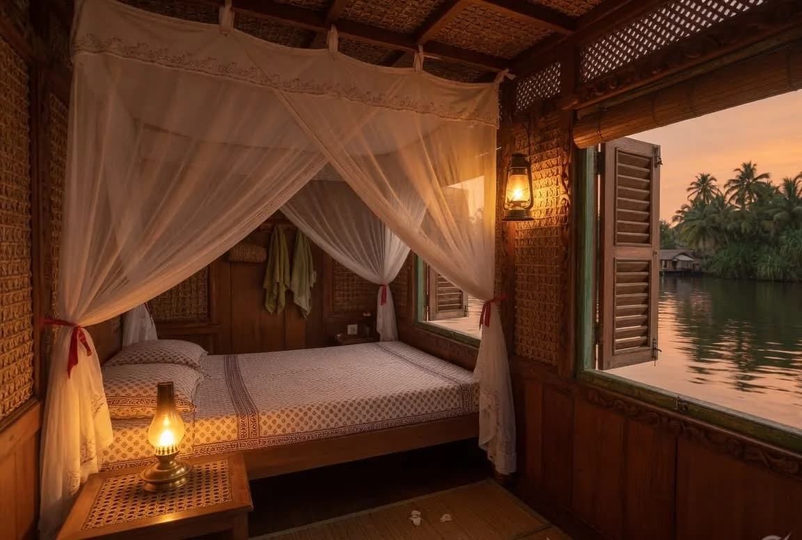 Kerala houseboat bedroom with mosquito netting and a window onto still backwaters
