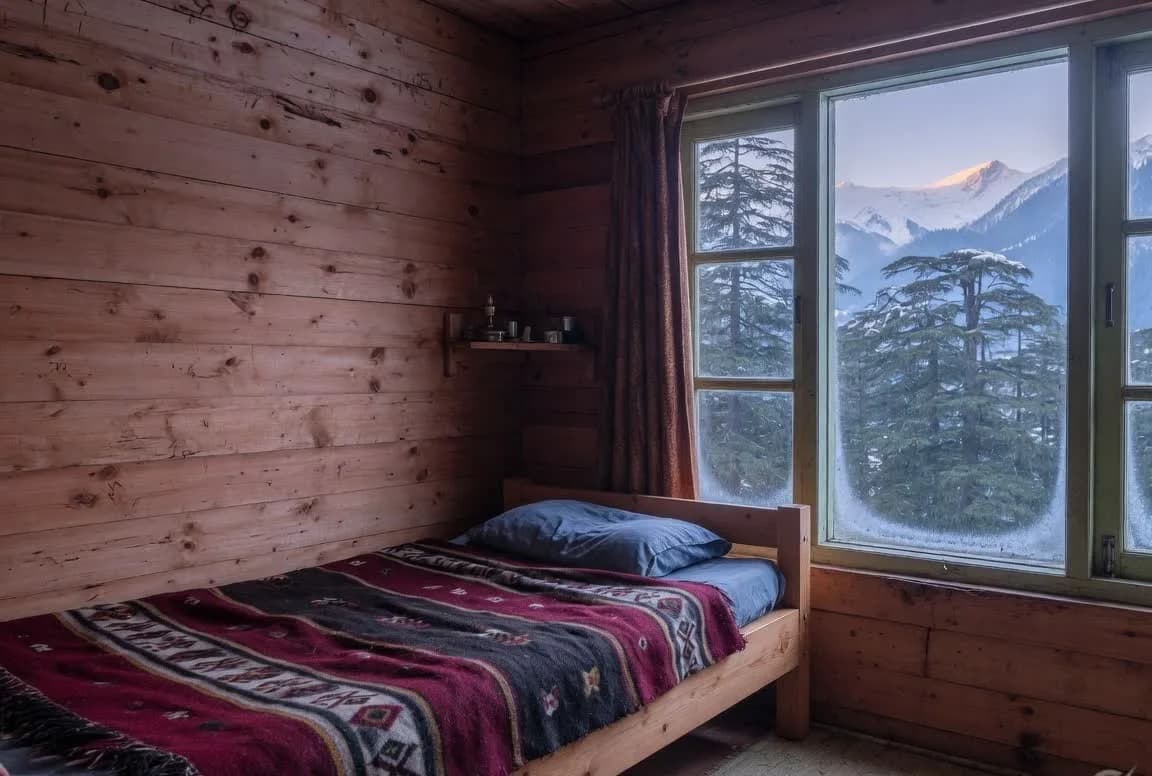 Cedar lodge bedroom in Manali looking onto deodar forest and snow peaks